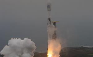 The rocket carrying ESA's EarthCARE satellite lifting off from Vandenberg Space Port, California